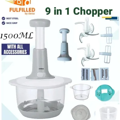 Manual Hand-Operated push Chopper - 1500ml Pump Action Food Processor with 3 Interchangeable Blades, Portable Container, and Easy-Clean Design - Perfect Kitchen Companion Cooking - Chop, Mince, and Puree with Ease (No Electricity Required)